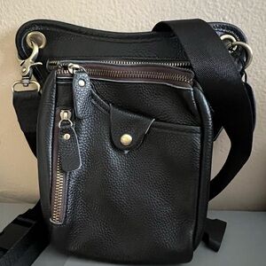 Black Leather Moto Leg Bag Belt Pouch Waist Bag Shoulder Unisex